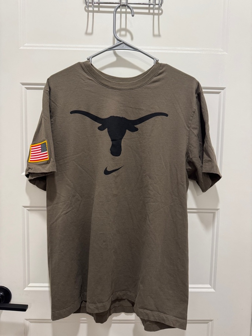 Nike Men’s Olive Tee with Black Texas Longhorn Graphic and American Flag Patch